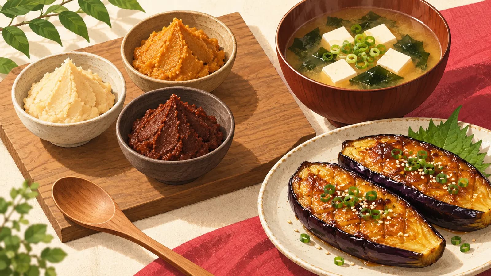 Bowls of white, mixed and red miso with miso soup and miso-glazed aubergine