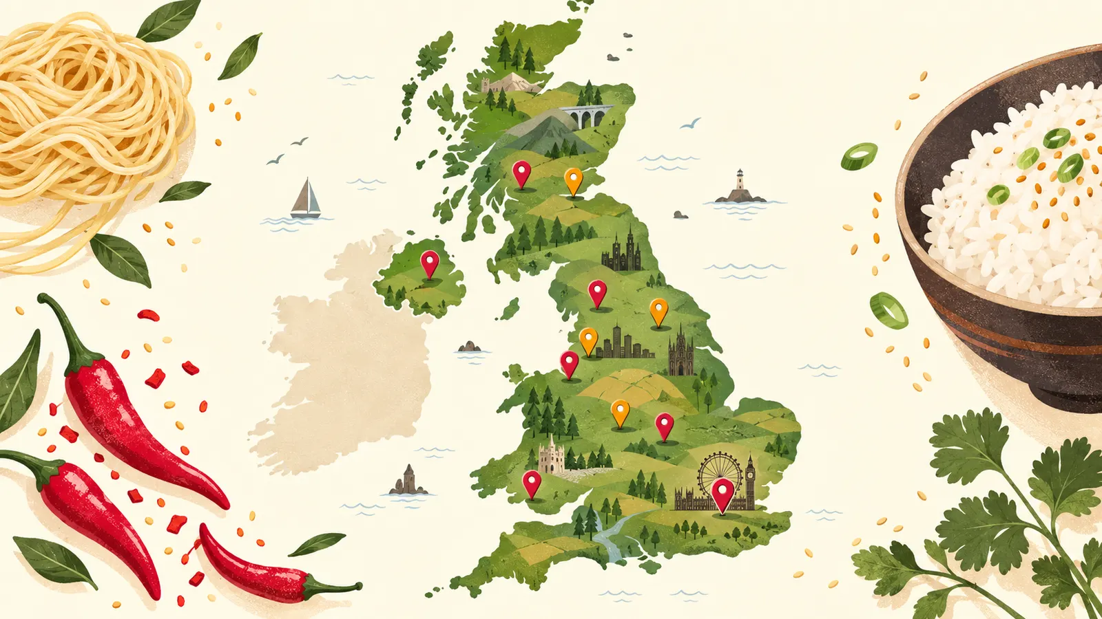 Illustrated map of the UK with pins marking Asian supermarkets in the major cities