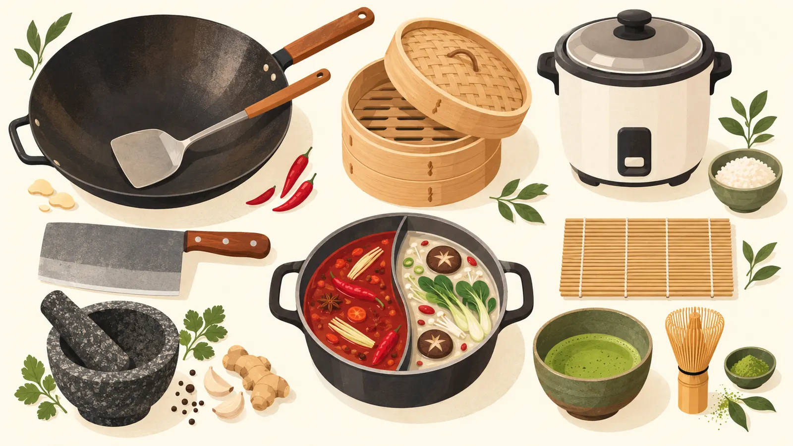 Asian kitchen equipment laid out: carbon-steel wok, bamboo steamer, rice cooker, cleaver, mortar and pestle, sushi mat, split hot pot and matcha whisk